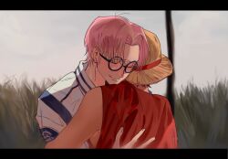 2boys blush closed_eyes glasses hashtag-only_commentary hat highres hug koby_(one_piece) letterboxed male_focus monkey_d._luffy multiple_boys one_piece one_piece_(live_action) outdoors pachi1014813 pink_hair red_shirt shirt short_hair sleeveless smile straw_hat upper_body