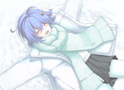 Rule 34 | 1girl, 4meart0112, absurdres, belle (zenless zone zero), black skirt, blue hair, blush, closed eyes, commentary, green scarf, hair between eyes, hair ornament, highres, jacket, lying, on back, open clothes, open jacket, open mouth, outstretched arms, pantyhose, pleated skirt, scarf, short hair, skirt, smile, snow, solo, spread arms, teeth, upper teeth only, white jacket, white pantyhose, winter, winter clothes, zenless zone zero