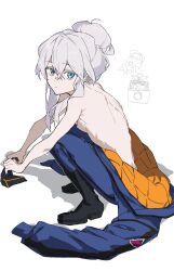 1girl acetylene-lamp boots deux_murasame freckles gundam gundam_gquuuuuux looking_at_viewer simple_background squatting tagme topless_female
