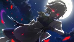1girl apron black_gloves black_ribbon blue_dress bow bowtie braid cloud dark_clouds dress full_moon gloves glowing glowing_eyes green_bow green_bowtie grey_hair hair_between_eyes holding holding_knife izayoi_sakuya knife looking_at_viewer maid maid_apron maid_headdress moon night night_sky red_eyes red_petals ribbon short_sleeves sky touhou twin_braids white_apron white_bow