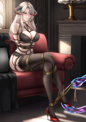 Rule 34 | 1girl, 1other, absurdres, arms behind back, bdsm, belly, between breasts, bianfu yeyue, black bra, black panties, bondage, bound, bound arms, bound breasts, bound legs, bound torso, bra, breast bondage, breasts, cleavage, collarbone, couch, crossed legs, crotch rope, female focus, fireplace, garter belt, garter straps, high heels, highres, horns, indoors, lace, lace-trimmed bra, lace-trimmed legwear, lace-trimmed panties, lace trim, lamp, large breasts, legs together, long hair, looking ahead, looking at another, looking down, navel, original, panties, parted lips, purple eyes, reverse prayer, shibari, shibari over clothes, shoes, sidelocks, skin tight, skindentation, smile, solo focus, tail, teeth, thighhighs, thighs, tile floor, tiles, underwear, very long hair, white background, white hair, window