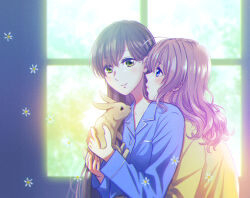 2girls animal bang_dream! black_hair blue_eyes blue_shirt blush brown_hair closed_mouth flower from_behind green_eyes hachikai_hacchi hanazono_tae holding holding_animal jealous long_hair long_sleeves multiple_girls pajamas rabbit shirt smile upper_body window yamabuki_saya yellow_shirt