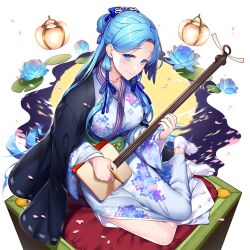 1girl alternate_costume alternate_hairstyle blue_eyes blue_flower blue_hair blue_kimono blue_ribbon blush bow breasts cherry_blossoms closed_mouth egasumi eyes_visible_through_hair floral_print flower food fruit full_body furisode giuniu hair_bow hair_bun hair_intakes hair_ornament hair_ribbon half_updo haori holding japanese_clothes jewelry kagami_mochi kimono kumoi_ichirin lantern large_breasts long_hair long_sleeves looking_at_viewer mandarin_orange nail_polish new_year no_shoes non-web_source obi parted_bangs petals pink_flower print_kimono purple_ribbon ribbon sash seiza sidelocks sitting smile socks solo tabi transparent_background uchi_no_hime-sama_ga_ichiban_kawaii very_long_hair vivienne_(uchi_no_hime-sama_ga_ichiban_kawaii) wide_sleeves