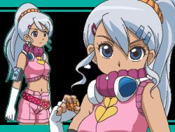 1girl animated animated_gif awa bakugan dark_skin dark-skinned_female female_focus gloves julie_heyward long_hair looking_at_viewer lowres navel oekaki ponytail silver_hair solo standing upper_body