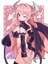 1girl ass black_thighhighs breasts closed_mouth demon_girl demon_horns demon_tail disgaea fang heart highres horns long_hair looking_at_viewer makai_senki_disgaea one_eye_closed pink_hair pointy_ears purple_eyes skin_fang solo suaman succubus_(disgaea) tail thighhighs very_long_hair wings