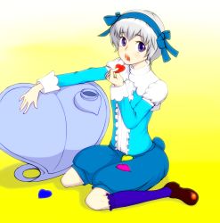 1boy absurdres blush hair_ribbon highres jack-haniwa looking_at_viewer male_focus nell_(pangya) open_mouth pangya purple_eyes ribbon silver_hair solo trap