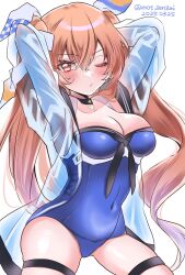 1girl black_neckerchief blue_one-piece_swimsuit blush breasts brown_eyes brown_hair casual_one-piece_swimsuit choker cleavage collarbone cowboy_shot highres jacket johnston_(kancolle) johnston_(swimsuit)_(kancolle) kantai_collection long_hair looking_at_viewer medium_breasts mot_zenzai neckerchief one-piece_swimsuit see-through_clothes see-through_jacket solo star_(symbol) star_choker swimsuit two_side_up
