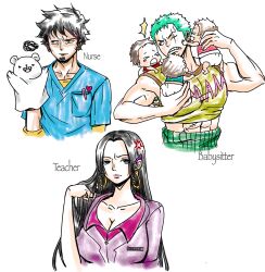 1girl 2boys absurdres alternate_universe anger_vein baby babysitter bepo_(one_piece) boa_hancock breasts cleavage closed_mouth collarbone earrings facial_hair goatee green_hair highres jewelry large_breasts long_hair medical_scrubs multiple_boys muscular muscular_male nurse one_piece rocckart roronoa_zoro snake_earrings squiggle teacher trafalgar_law very_long_hair