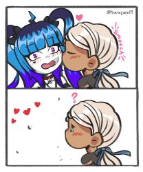 Rule 34 | 2girls, 2koma, amemiya darumi, blonde hair, blue eyes, blush, comic, dark-skinned female, dark skin, female focus, heart, highres, kawana tsubasa, kiss, long hair, looking at viewer, makeup, multiple girls, open mouth, pink eyes, runny makeup, signature, simple background, the hundred line -last defense academy-, tongue, twintails, white background, yuri