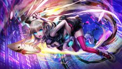 Rule 34 | 1girl, :o, bare shoulders, belt, black skirt, blonde hair, blue eyes, cityscape, highres, iroha tsuki, looking at viewer, medium hair, midriff, missile, non-web source, official art, pink belt, pink thighhighs, skirt, solo, teeth, thighhighs, tribe nine, two side up, upper teeth only