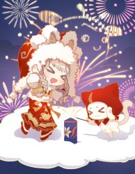 &gt;_&lt; 1girl :3 aerial_fireworks animal animal_ear_headwear animal_ears bow bowtie braid brown_bow brown_bowtie brown_hair cat cat_princess chibi chinese_commentary cloak closed_mouth clothed_animal commentary_request ear_covers eyelashes fake_animal_ears fireworks foodie_bee fur-trimmed_headwear fur-trimmed_shoes fur-trimmed_vest fur_trim grey_eyes hand_on_headwear happy hat holding holding_fireworks hood hood_up hooded_cloak hutou_hat infinity_nikki light_blush long_hair long_skirt long_sleeves looking_at_object looking_at_viewer making-of_available momo_(nikki) new_bloom_blessings_(infinity_nikki) nikki_(series) official_alternate_costume on_cloud open_mouth orange_vest outdoors pantyhose pleated_skirt pom_pom_(clothes) puffy_long_sleeves puffy_sleeves red_cloak red_hat red_pantyhose red_shoes red_skirt shadow shirt shoes side_braid skirt smile sparkler standing swept_bangs tareme twilight twin_braids vest white_cat white_shirt