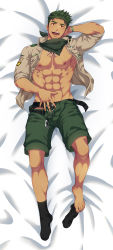1boy abs absurdres aiden_flynn bara belt black_socks camp_buddy camp_buddy:_scoutmaster_season dark-skinned_male dark_skin ear_piercing green_hair green_jacket highres jacket jewelry jockstrap looking_at_viewer lying male_focus male_underwear mikkoukun muscular muscular_male navel necklace nipples on_bed open_clothes open_jacket open_mouth open_shorts orange_eyes piercing short_hair shorts single_sock smile socks solo tooth_necklace underwear unworn_socks