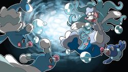 blacknirrow blue_hair brionne bubble closed_eyes commentary english_commentary evolutionary_line fang gem gen_7_pokemon hat highres long_hair nintendo no_humans open_mouth pearl_(gemstone) pokemon pokemon_(creature) popplio primarina smile swimming underwater water