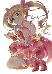 Rule 34 | 1girl, bare legs, birthday, blonde hair, blush, boots, bow, bowtie, bracer, closed mouth, collar, commentary, dress, dress bow, drill hair, flat chest, frilled collar, frilled dress, frilled gloves, frills, from side, gloves, hair bow, hand up, heart, high heel boots, high heels, highres, holding, holding wand, idol, idol clothes, idolmaster, idolmaster cinderella girls, idolmaster cinderella girls starlight stage, long hair, looking at viewer, looking to the side, magical girl, michii yuuki, official alternate costume, official alternate hairstyle, pink boots, pink bow, pink bowtie, pink dress, polka dot, polka dot bow, red bow, sidelocks, simple background, sleeveless, sleeveless dress, solo, squatting, star (symbol), star wand, tiptoes, tongue, tongue out, twin drills, twintails, wand, white background, white gloves, white trim, winged footwear, winged wand, yellow eyes, yokoyama chika
