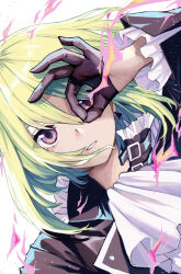 1boy androgynous ascot black_gloves black_jacket commentary_request earrings fire floating_hair gloves green_hair highres jacket jewelry leather leather_jacket lio_fotia looking_at_viewer male_focus medium_hair ok_sign ok_sign_over_eye parted_lips pink_fire promare purple_eyes single_earring solo tabbynyaaan trap upper_body white_ascot white_background
