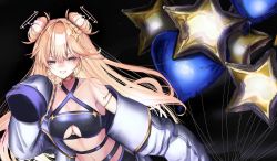 armlet balloon bare_shoulders blonde_hair blue_eyes blush breasts choker cleavage cleavage_cutout clothing_cutout collarbone criss-cross_halter double_bun earrings hair_between_eyes hair_bun hair_ornament halterneck heart_balloon jacket jewelry kaneko_lumi kaneko_lumi_(1st_costume) long_hair long_sleeves narrowed_eyes navel phase_connect piz_doll second-party_source sleeves_past_wrists star_(symbol) star_balloon star_hair_ornament stomach very_long_hair very_long_sleeves virtual_youtuber white_jacket