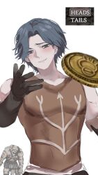 2boys biting_own_lip black_eyes black_hair blush brown_gloves brown_vest cahara_(fear_&amp;_hunger) coin coin_flip commentary disfigured elbow_gloves english_text fear_&amp;_hunger fear_&amp;_hunger_(series) fear_&amp;_hunger_1 gameplay_mechanics gloves highres huge_penis leather_vest lilio male_focus meme multiple_boys muscular muscular_male official_art_inset outstretched_arm penis penis_out_of_frame prison_guard_(fear_&amp;_hunger) short_hair simple_background solo_focus upper_body vest white_background woe_plague_be_upon_ye_(meme)
