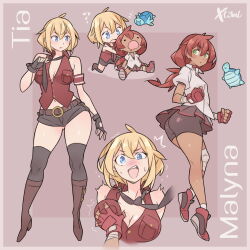 2girls ? artist_name ass bandaged_leg bandages bike_shorts blonde_hair blue_eyes boots breasts brown_hair character_name choker cleavage commentary commission dark-skinned_female dark_skin english_commentary fingerless_gloves full_body gloves gluteal_fold grabbing_another&#039;s_breast green_eyes groping hair_between_eyes high_heel_boots high_heels highres large_breasts miniskirt multiple_girls navel necktie open_mouth original short_hair short_sleeves skirt teeth thighhighs tongue vest watermark x-t3al yuri