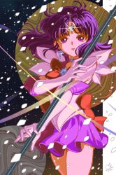 1girl bishoujo_senshi_sailor_moon bow bowtie circle circlet commentary cowboy_shot earrings eyelashes falling_petals floating_clothes floating_hair gloves highres holding holding_staff jewelry looking_at_viewer magical_girl parted_lips petals prettysavage30 purple_eyes purple_hair purple_skirt red_bow red_bowtie sailor_saturn sailor_senshi_uniform short_hair signature skirt solo staff tomoe_hotaru white_gloves