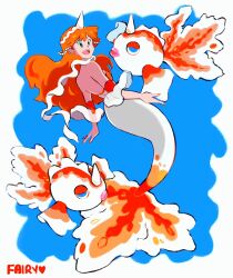 1girl asymmetrical_hair bare_shoulders bikini blush breasts cosplay cowboy_shot female_focus gen_1_pokemon goldeen goldeen_(cosplay) green_eyes hair_ornament highres horsea jewelry legs long_hair looking_at_viewer mermaid mermaid_costume mermaid_misty_(pokemon) misty_(pokemon) monster_girl navel necklace nintendo open_mouth orange_hair pokemon pokemon_(anime) pokemon_(classic_anime) red_hair seashell shell shell_bikini shirt short_hair shorts side_ponytail simple_background small_breasts solo swimsuit thighs underwater water