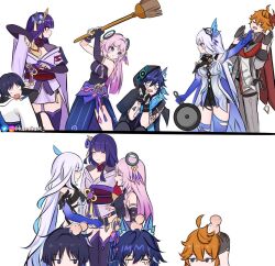 3boys 3girls ahoge animal_ear_fluff animal_ears aqua_hair asymmetrical_gloves bat_ears black_border black_gloves black_hair black_hood black_leotard black_sleeves blue_cape blue_eyes blue_rope blue_sleeves blue_thighhighs blunt_bangs blunt_ends blunt_tresses border braid breasts bridal_gauntlets broom butterfly_hair_ornament cape citlali_(genshin_impact) cleavage closed_eyes closed_mouth clothes_grab collar_grab colored_inner_hair covering_face elbow_gloves fan_hair_ornament fingerless_gloves flip-flops flower furisode gem genshin_impact glove_cutout gloves gold gradient_sleeves grandmother_and_grandson grey_gloves grey_jacket grey_pants hair_flower hair_intakes hair_ornament half-skirt hand_on_own_hip hands_up handshake head_bump holding holding_broom holding_footwear holding_unworn_clothes jacket japanese_clothes jitome kamiiart kimono kimono_skirt la_chancla leotard lingerie long_hair long_skirt looking_at_another mask mask_on_head midriff_peek mother_and_son multicolored_hair multiple_boys multiple_girls necktie neckwear_grab obi obiage obijime off_shoulder open_hands open_mouth orange_hair ororon_(genshin_impact) pants pink_hair pink_kimono pink_sleeves purple_eyes purple_flower purple_gemstone purple_hair purple_necktie purple_skirt purple_thighhighs raiden_shogun red_ribbon red_scarf ribbon rope sandals sash scaramouche_(genshin_impact) scarf short_sleeves shrug_(clothing) side_slit sideways_glance skirk_(genshin_impact) skirt leotard smile split_screen tartaglia_(genshin_impact) tassel tassel_hair_ornament tears thighhighs torn_clothes torn_thighhighs twin_braids twitter_username two-sided_cape two-sided_fabric underwear vision_(genshin_impact) wanderer_(genshin_impact) white_background white_cape white_eyes white_hair white_kimono white_sleeves