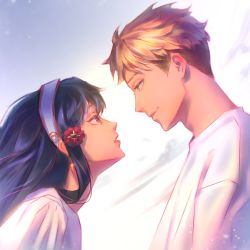 1boy 1girl black_hair blonde_hair blue_eyes couple earrings gold_earrings hairband highres husband_and_wife jewelry kozzz_y long_hair looking_at_another married open_mouth red_eyes shirt smile spy_x_family twilight_(spy_x_family) white_hairband white_shirt yor_briar