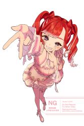 1girl absurdres ankle_boots between_breasts boots bow breasts crop_top detached_sleeves double_v earrings frilled_skirt frilled_sleeves frills full_body grin hair_bow highres jewelry long_hair long_sleeves looking_back multicolored_hair nijisanji parted_bangs plaid_clothes purple_eyes red_hair saotome_berry saotome_berry_(2nd_costume) simple_background skirt smile solo standing thigh_strap twintails two-tone_hair uneven_eyes v virtual_youtuber watermark white_background white_hair yuniyu