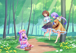 Rule 34 | 3girls, barefoot, basket, biwa lute, black skirt, brown hair, commentary request, crescent, crescent hat ornament, dress, floating, flower, forest, frilled skirt, frills, hair flower, hair ornament, hairband, hat, hat ornament, highres, holding, holding flower, instrument, long hair, long sleeves, lute (instrument), mob cap, multiple girls, musical note, nature, one eye closed, open mouth, outdoors, patchouli knowledge, purple eyes, purple hair, purple hairband, shadow, shirt, skirt, smile, striped clothes, striped dress, toes, touhou, tsukumo benben, tsukumo yatsuhashi, twintails, vertical-striped clothes, vertical-striped dress, very long hair, white flower, white shirt, yellow dress, yellow flower, yoruniwa