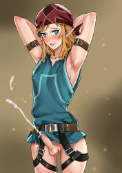Rule 34 | 1boy, absurdres, armpits, arms behind head, arms up, bandana, belt, blonde hair, blue eyes, brown belt, climbing set (zelda), cum, ejaculation, elf, headwear request, highres, link, male focus, nintendo, penis, pointy ears, red headwear, solo, tamatamako01, testicles, the legend of zelda, the legend of zelda: breath of the wild, trap