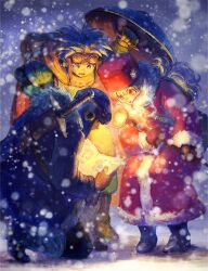 1girl 2boys blonde_hair cape curly_hair dragon_quest dragon_quest_ii full_body gloves goggles goggles_on_head goggles_on_headwear holding holding_shield hood long_hair map multiple_boys open_mouth prince_of_lorasia prince_of_samantoria princess_of_moonbrook purple_hair shield short_hair smile snowing spiked_hair sword weapon yuza