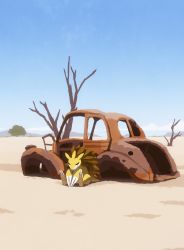 absurdres bare_tree claws closed_eyes day desert gen_1_pokemon highres hyogonosuke junk nintendo no_humans on_ground outdoors pokemon pokemon_(creature) rust sandslash sitting sky sleeping sleeping_upright solo spikes tree