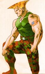 Rule 34 | 1boy, american flag, american flag tattoo, bengus, brown eyes, camouflage, camouflage pants, capcom, dog tags, flattop, game cg, green tank top, guile, highres, impossible hair, marvel, marvel vs. capcom, marvel vs. capcom 2, mohawk, muscular, muscular male, non-web source, official art, pants, scan, simple background, solo, street fighter, tank top, tattoo