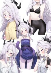1girl absurdres bare_shoulders black_bra black_halo black_horns black_pantyhose blue_archive blush bra breasts cardigan_on_shoulders closed_mouth demon_girl demon_horns dress elbow_gloves flat_chest from_side gloves hair_between_eyes halo head_tilt highres hina_(blue_archive) hina_(dress)_(blue_archive) hina_(pajamas)_(blue_archive) horns inu_lin long_hair long_hair_between_eyes looking_at_viewer multiple_horns multiple_views navel official_alternate_costume open_mouth pajamas pantyhose petite pink_pajamas polka_dot polka_dot_dress polka_dot_pajamas purple_dress purple_eyes purple_gloves shirt simple_background slit_pupils small_breasts strapless strapless_dress underwear white_background white_hair white_pantyhose white_shirt