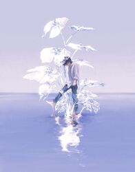 1boy black_hair collared_shirt denim flower foot_up highres jeans male_focus original pants rido_(ridograph) see-through_clothes shirt short_hair solo standing standing_on_one_leg wet white_shirt