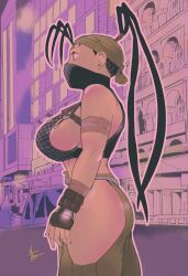 Rule 34 | bandana, breasts, capcom, crop top, fingerless gloves, fishnets, gloves, highres, hiroshi mono, ibuki (street fighter), kunai, large breasts, long hair, mask, pants, ponytail, sideboob, street fighter, weapon