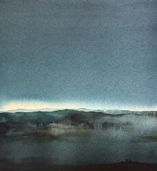 blue_sky dawn day field highres hill mouen_tw mountainous_horizon night no_humans original outdoors painting_(medium) scenery sky traditional_media watercolor_(medium)