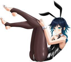 1boy alternate_costume animal_ears aqua_eyes bare_shoulders black_leotard black_necktie blue_hair blush braid collarbone commentary detached_collar english_commentary fake_animal_ears feet full_body genshin_impact gradient_hair immortalboobs knees_together_feet_apart legs leotard long_legs looking_at_viewer male_focus multicolored_hair nail_polish necktie no_shoes paid_reward_available playboy_bunny rabbit_ears short_hair_with_long_locks simple_background soles solo stirrup_legwear strapless strapless_leotard thighs toeless_legwear toenail_polish toenails toes trap venti_(genshin_impact) white_background white_wrist_cuffs wrist_cuffs