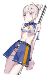 Rule 34 | 1girl, absurdres, arm strap, arms behind back, bare shoulders, belt, blue sailor collar, blue skirt, bound, bound wrists, bra, breasts, cropped legs, earrings, grey bra, grey hair, grey panties, hair bun, hair ornament, hairpin, highres, jewelry, looking to the side, navel, original, panties, panty pull, pleated skirt, pole, purple eyes, rin yuushi (suumon), sailor collar, side slit, simple background, skirt, small breasts, solo, strapless, strapless bra, suumon, underwear, white background