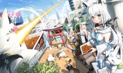 4girls @_@ afterimage ahoge animal_ear_fluff animal_ears beam black_thighhighs blonde_hair blue_bow blue_eyes blush bow brown_shirt brown_sweater building chopsticks city closed_mouth day detached_sleeves eating elf fox_ears fox_tail fubuzilla_(shirakami_fubuki) grey_skirt hair_between_eyes hair_bow hair_ornament highres holding holding_chopsticks hololive horns kito_koruta long_hair long_sleeves miniskirt miteiru_(shirakami_fubuki) mouth_hold multicolored_hair multiple_girls omaru_polka omaru_polka_(school_uniform) open_mouth pink_hair pointy_ears purple_eyes red_socks sailor_collar sheep_horns shirakami_fubuki shiranui_flare shirt short_sleeves single_thighhigh sitting skirt smile socks streaked_hair sukonbu_(shirakami_fubuki) sweater tail thighhighs torii tsunomaki_watame tsunomaki_watame_(street_casual) very_long_hair virtual_youtuber white_hair white_sailor_collar white_skirt wooden_floor x_hair_ornament