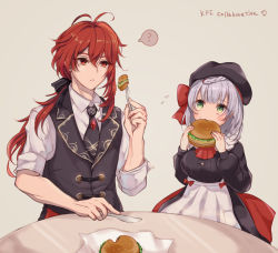1boy 1girl ? burger diluc_(genshin_impact) diluc_(kfc)_(genshin_impact) eating eiri_illust food fork genshin_impact green_eyes grey_hair hat kfc knife long_hair maid necktie noelle_(genshin_impact) noelle_(kfc)_(genshin_impact) red_eyes red_hair ribbon short_hair spoken_question_mark vest