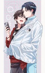 2boys :d alternate_universe black_hair black_pants black_shirt blank_speech_bubble blue_headband blue_pants blue_shirt blush border brown_eyes brown_hair cellphone closed_mouth contemporary couple cowboy_shot dated drawstring ear_piercing earrings grey_background hair_between_eyes hand_in_pocket headband height_difference highres holding holding_phone hug hug_from_behind jacket jewelry kimako_(kimako_8) lan_wangji long_sleeves looking_at_another male_focus modao_zushi multiple_boys notice_lines official_alternate_costume official_alternate_hair_length official_alternate_hairstyle open_clothes open_jacket open_mouth outside_border pants phone piercing pillarboxed red_jacket shirt short_hair smartphone smile speech_bubble standing twitter_username watermark wei_wuxian white_border white_jacket yaoi yellow_eyes