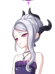 Rule 34 | black halo, blue archive, blush, breasts, demon girl, demon horns, dress, earrings, gloves, halo, highres, hina (blue archive), hina (dress) (blue archive), horns, jewelry, long hair, looking at another, necklace, off shoulder, pendant, purple dress, purple eyes, purple gloves, small breasts, suhyeon (pixiv 117699609), white hair