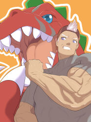 1boy absurdres backwards_hat baseball_cap black_shirt brown_hat dark-skinned_male dark_skin digimon digimon_(creature) digimon_card_game digimon_liberator flexing hat highres male_focus muscular muscular_male open_mouth orange_background parted_lips purple_eyes ryutaro_williams sharp_teeth shirt short_hair simple_background skin_tight smirk taira_(tairamon) teeth tyrannosaurus_rex tyranomon upper_body veins white_hair