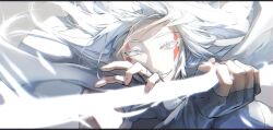 1boy absurdres capelet colored_eyelashes energy_blade energy_sword esu_kota facepaint facial_mark fingerless_gloves floating floating_hair gloves highres holding holding_sword holding_weapon long_hair looking_at_viewer original robe shaded_face shadow smile solo sword teeth tower_of_god underlighting weapon white_(tower_of_god) white_background white_eyelashes white_eyes white_gloves white_hair white_robe