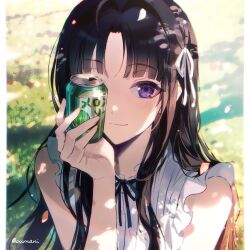 1girl awa_subaru black_hair can closed_mouth commentary girls_band_cry hair_intakes hair_ribbon hashtag-only_commentary highres holding holding_can parted_bangs pillarboxed purple_eyes ribbon shirt shusuzu solo white_ribbon white_shirt
