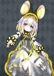 Rule 34 | 1girl, animal ears, asymmetrical legwear, black leotard, blonde hair, blush, checkered background, checkered thighhighs, cup, detached sleeves, dot nose, duel monster, frilled hairband, frills, hairband, highres, langley1000, leotard, long sleeves, maliss &lt;p&gt; dormouse, medium hair, mouse ears, mouse girl, pink eyes, see-through clothes, see-through skirt, see-through sleeves, skirt, thigh strap, yu-gi-oh!