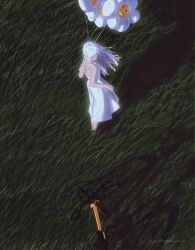 Rule 34 | 1girl, absurdres, balloon, closed eyes, dress, floating hair, flower balloon, from above, grass, highres, holding, holding balloon, isekaijoucho, kamitsubaki studio, long hair, outdoors, sleeveless, sleeveless dress, solo, standing, suzukasuraimu, virtual youtuber, white dress, white hair