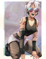 1girl absurdres arm_tattoo arm_warmers asymmetrical_sleeves belt black_hair black_tank_top breasts choker cleavage colored_tongue crop_top facial_tattoo fangs fishnet_leggings fishnets green_tongue highres kneeling leggings leggings_under_shorts medium_breasts midriff multicolored_hair navel open_mouth original pantyhose purple_belt purple_choker sarulart short_hair short_shorts shorts smile solo sunglasses tank_top tattoo two-tone_hair white_hair white_shorts yellow_nails