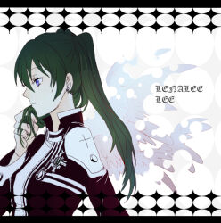 1girl badge black_coat black_order_uniform coat collared_coat cross d.gray-man earrings feathered_wings grabbing_own_hair green_hair hand_in_own_hair jewelry kiinoer lenalee_lee long_hair looking_to_the_side multiple_wings purple_eyes solo striped_coat stud_earrings twintails white_stripes wings