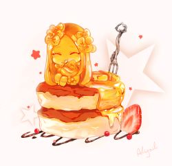 1girl ^_^ abigail_williams_(fate) absurdres blush bow character_name chibi closed_eyes closed_mouth commentary dress eating english_commentary facing_viewer fate/grand_order fate_(series) female_focus food forehead fork fruit hair_bow heart highres holding holding_spoon in_food long_hair long_sleeves mini_person minigirl pancake pancake_stack parted_bangs sitting sleepshee sleeves_past_fingers sleeves_past_wrists solo spoon star_(symbol) strawberry syrup tentacles utensil_in_mouth very_long_hair